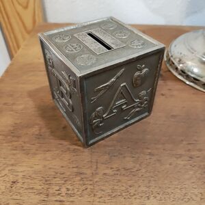 Letter Block Coin Bank ABC Cube VINTAGE Baby Silver Plated Coins 3 Inch Metal